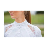 White equestrian laila lace show shirt with stunning cut silver buttons and lace shoulder panels