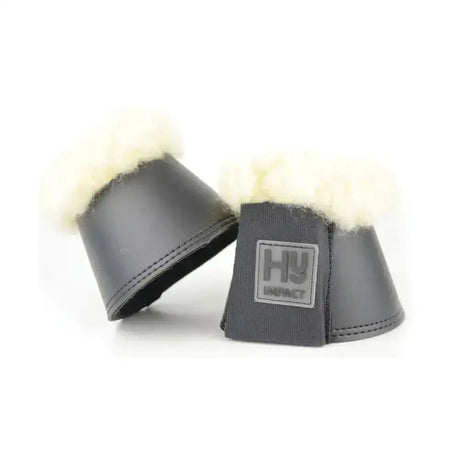 Black leather hy equestrian lambskin over reach boots with luxurious fleece lining and gray hy impact logo patch