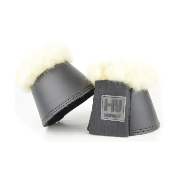 Black leather hy equestrian lambskin over reach boots with luxurious fleece lining and gray hy impact logo patch