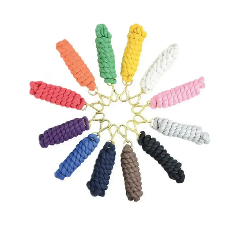 A collection of colorful braided equestrian lead ropes in assorted hues made with ultimate cotton and high quality wednesbury clip