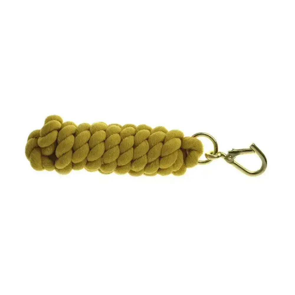 A mustard-yellow braided equestrian lead rope with an extra thick ultimate cotton lead and gold high quality wednesbury clip