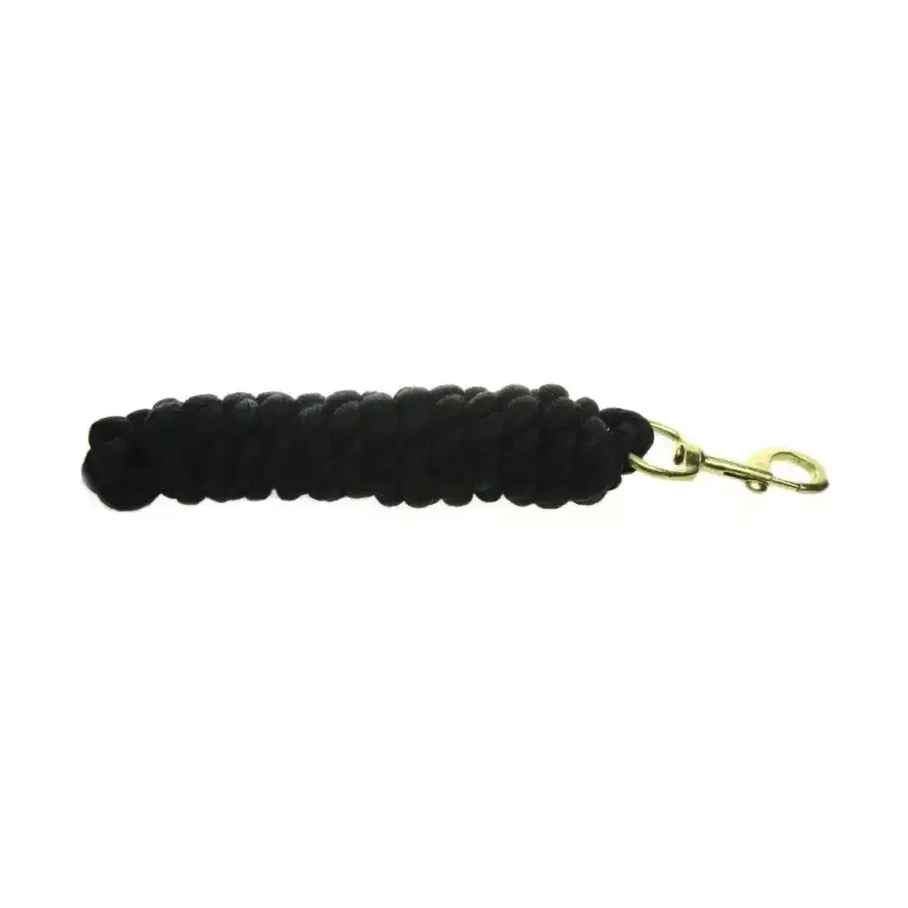 Black braided cotton equestrian lead rope with a gold-toned brass trigger hook for easy horse handling