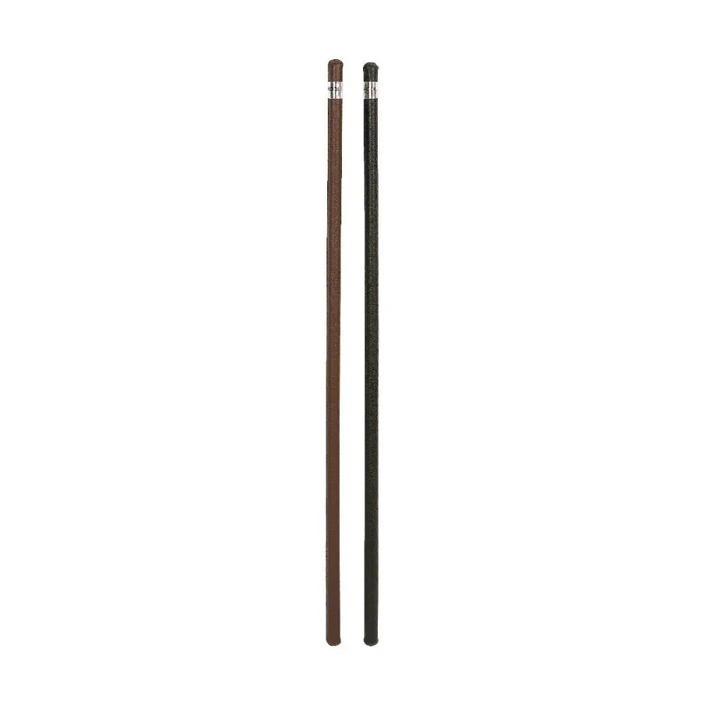 Two sleek hy equestrian leather canes in rich brown and deep black with textured finish and silver caps