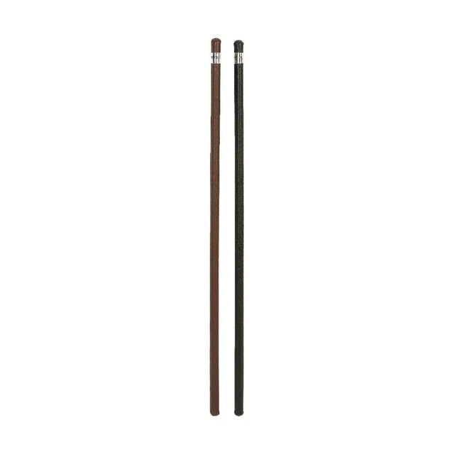 Two sleek hy equestrian leather canes in rich brown and deep black with textured finish and silver caps