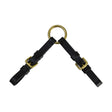 Black leather equestrian leather coupling strap with brass buckles and gold-toned ring for secure horse tack