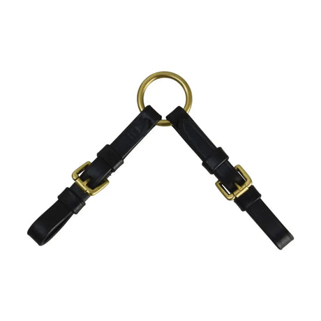 Black leather equestrian leather coupling strap with brass buckles and gold-toned ring for secure horse tack