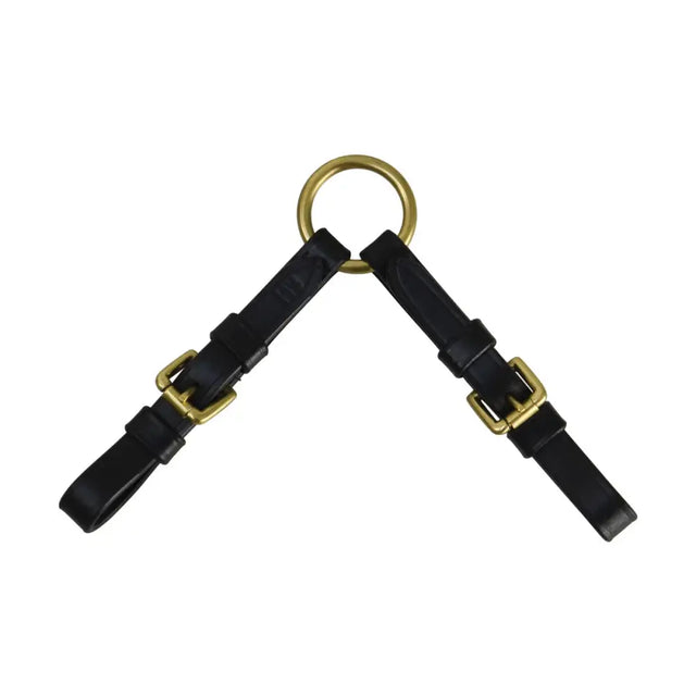 Black leather equestrian leather coupling strap with brass buckles and gold-toned ring for secure horse tack