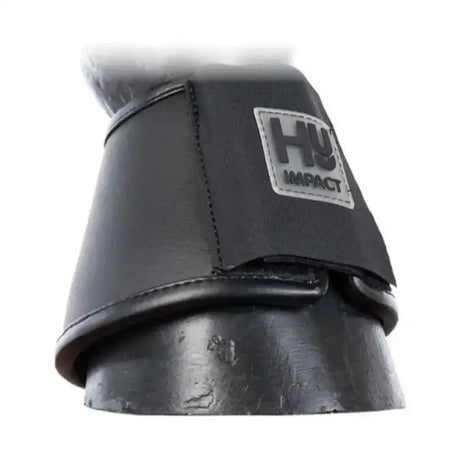 Black leather equestrian leather reach boots with gray hy impact logo patch for over reach protection