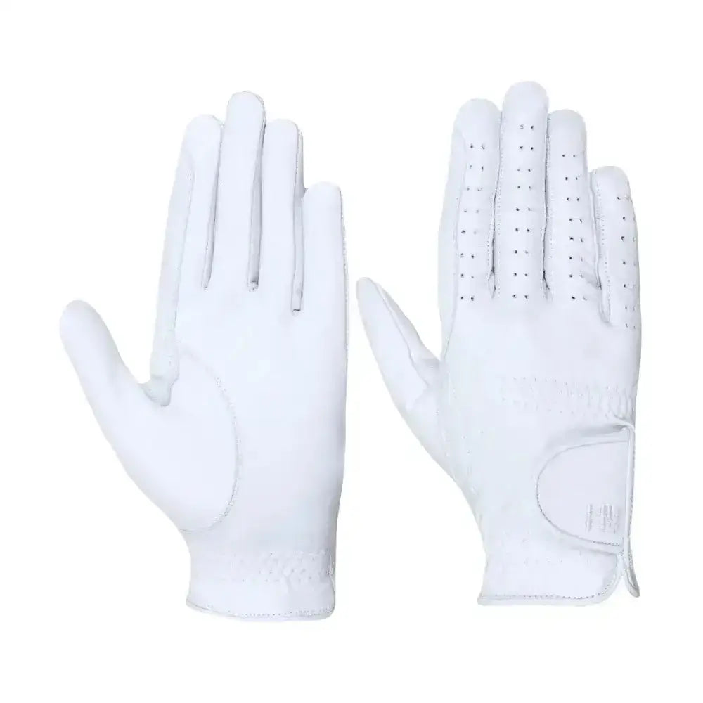 White equestrian leather riding gloves with perforated fingers and wrist strap in classy leather riding style