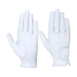 White equestrian leather riding gloves with perforated fingers and wrist strap in classy leather riding style