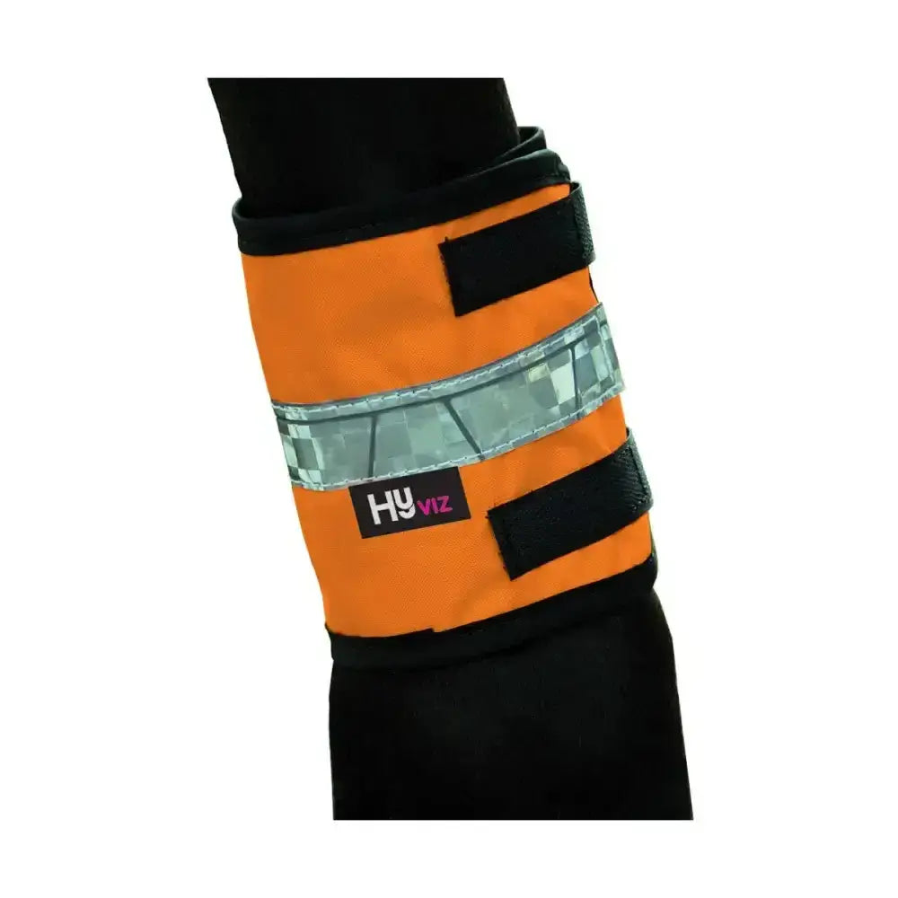 Bright orange hyviz equestrian leg bands with black straps and silver mesh reflector for horse’s leg safety wraps