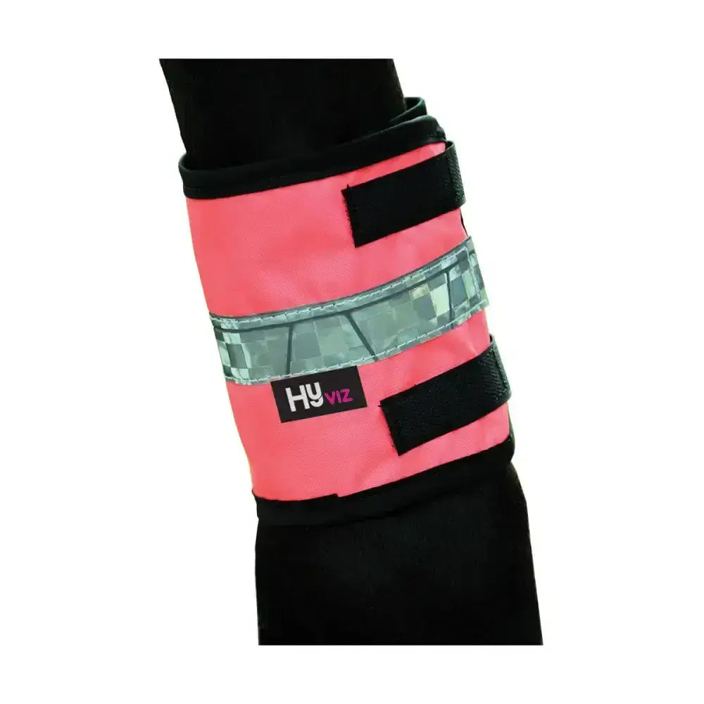 Pink reflective equestrian leg bands with black straps and silver-gray strip by hy equestrian for horse’s leg protection