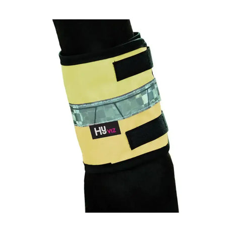 Hy equestrian yellow reflective leg bands with black straps and clear reflector band for horse’s leg safety wraps