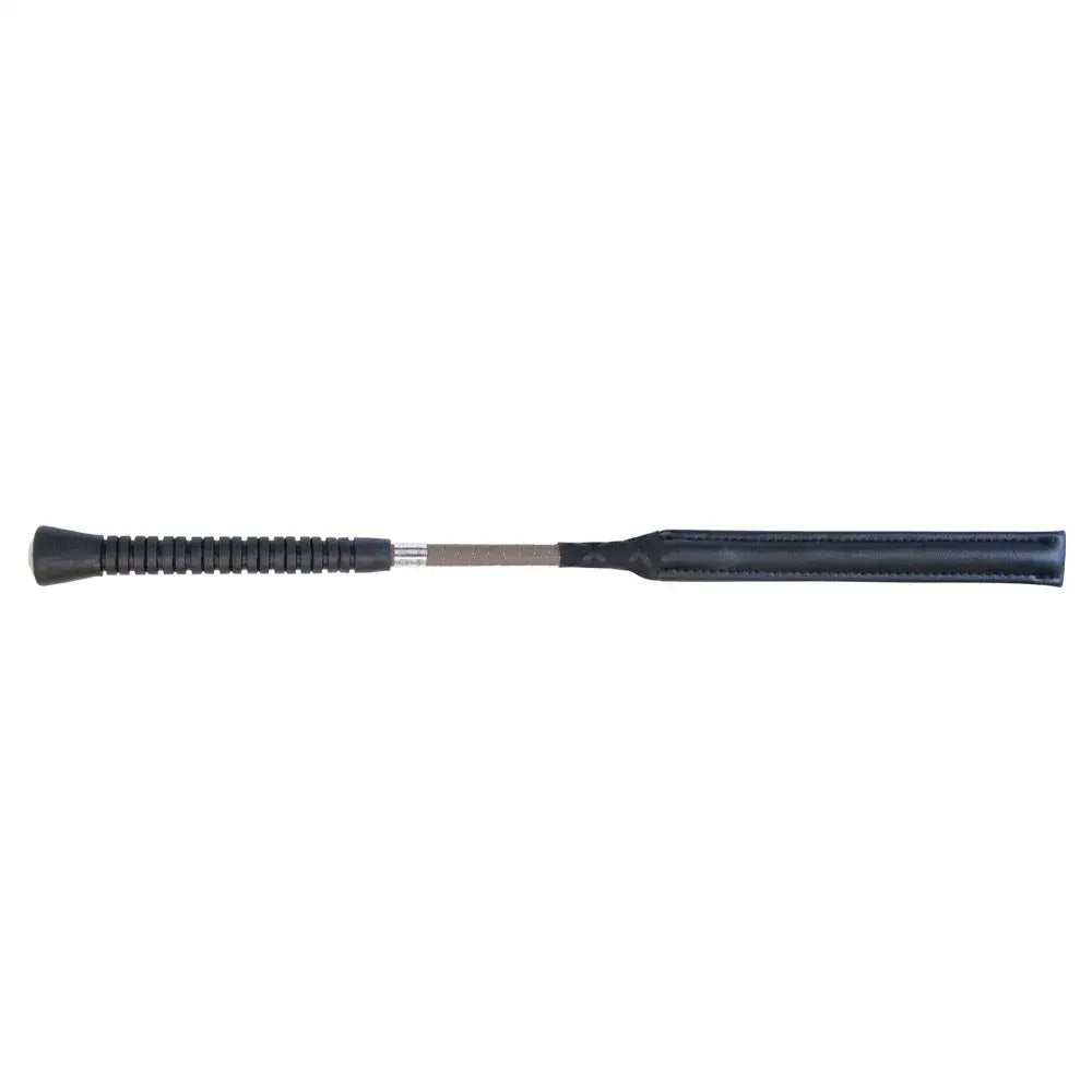 Black leather hy equestrian legal jump bat with textured grip and metallic ferrule for competitive jumping compliance