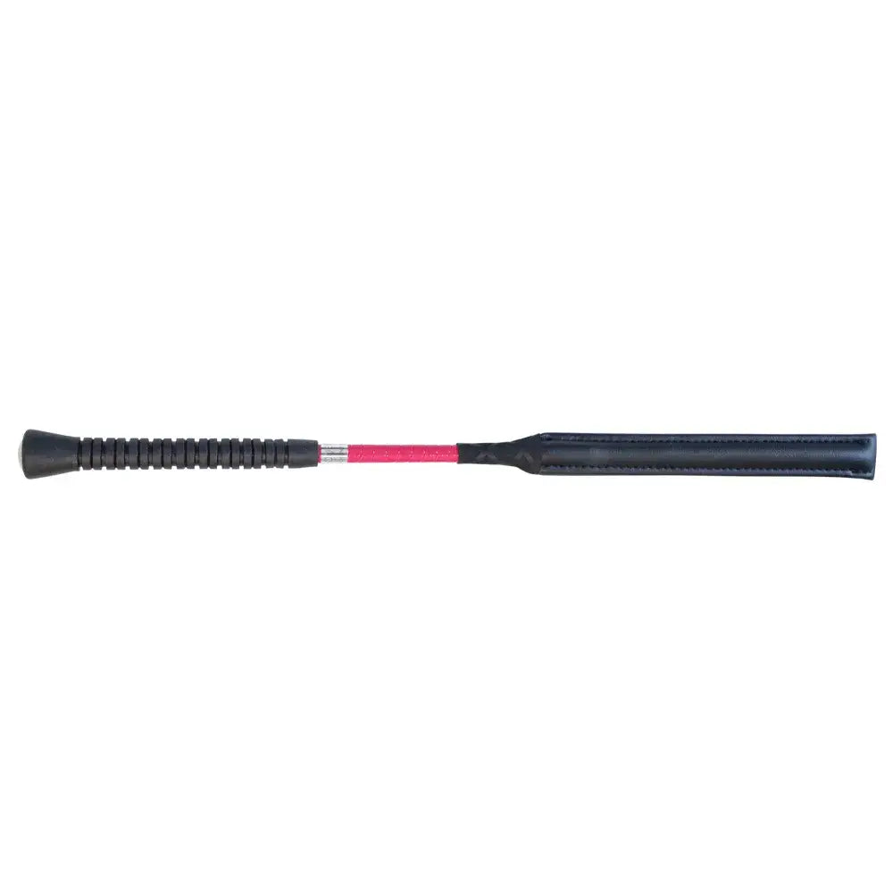 Black leather equestrian legal jump bat with textured grip and pink band for competitive jumping british showjumping ruling