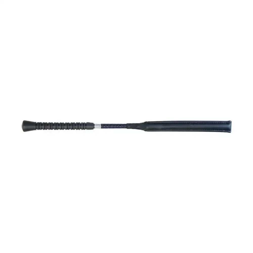 Black leather equestrian legal jump whip with textured grip and metallic ferrule for competitive jumping under british showjumping ruling
