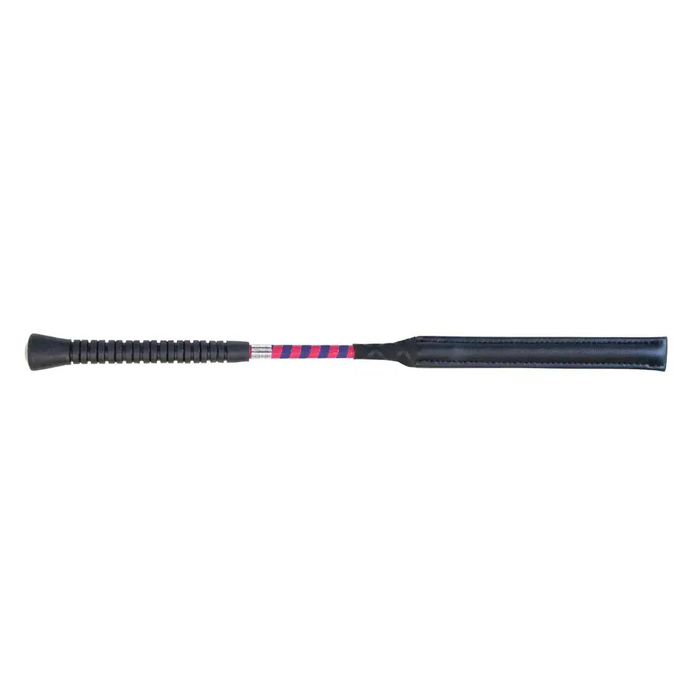 Black leather hy equestrian legal jump bat with textured grip and pink purple stripes for competitive jumping