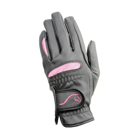 Black hy equestrian lightweight riding glove with pink accents and horse logo designed to prevent excess wear