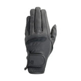 Black leather hy equestrian lightweight riding gloves with reinforced palm and wrist strap to prevent excess wear