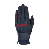 Black leather hy equestrian lightweight riding glove with red stripes and velcro strap to prevent excess wear