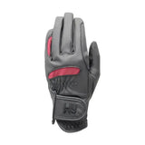 Back of gray lightweight riding gloves with pink accents and embossed h logo made of smart leather to prevent excess wear