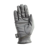 Gray leather hy equestrian lightweight riding gloves with reinforced stitching and black brand tag to prevent excess wear