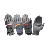 Gray hy equestrian lightweight riding gloves with pink orange and red accents on back for smart leather glove use