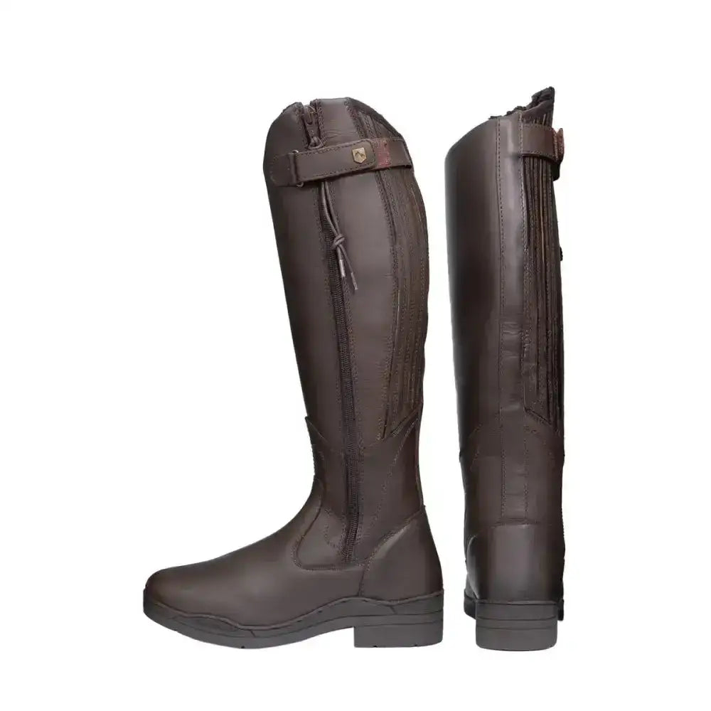 Dark brown leather equestrian londonderry winter boots with zipper and strap practical tall riding boots