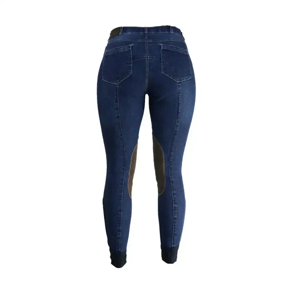 Dark blue denim lucinda denim breeches with brown leather patches combine style and function for equestrian use