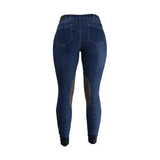 Dark blue denim lucinda denim breeches with brown leather patches combine style and function for equestrian use