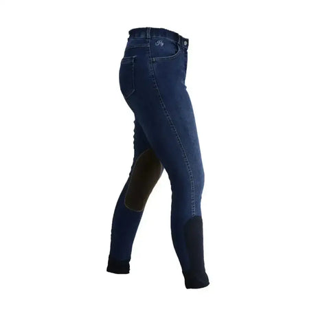 Dark blue lucinda denim breeches with black leather patches for a fashionable equestrian lucinda denim look