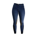 Dark blue denim equestrian lucinda denim breeches with brown leather knee patches and black ankle fabric design