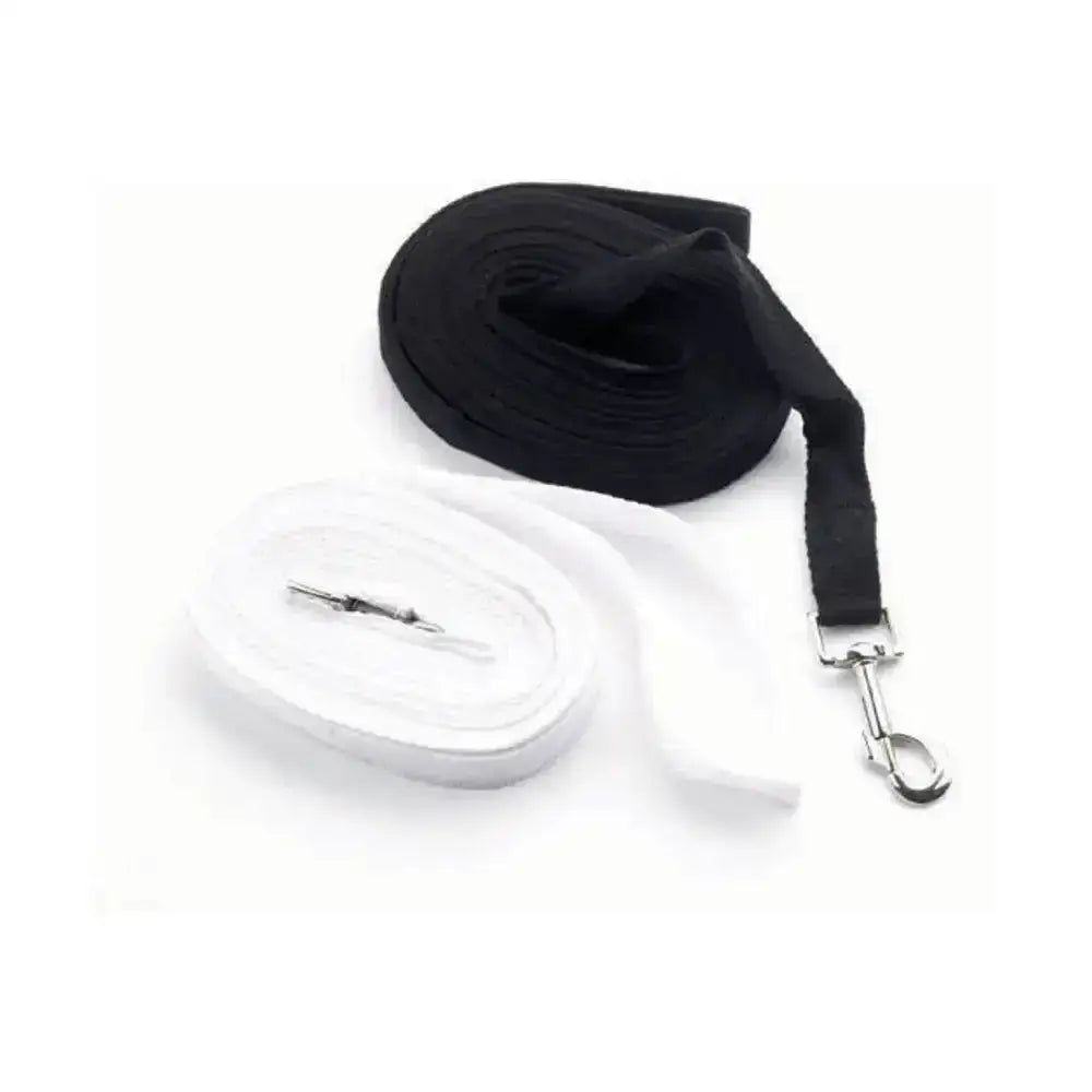 Black and white polyester lunge rein with metal clasps by hy equestrian perfect for wide polyester lunge use