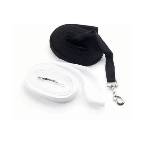 Black and white polyester lunge rein with metal clasps by hy equestrian perfect for wide polyester lunge use