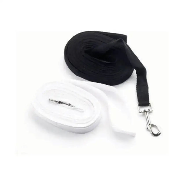 Black and white polyester lunge rein with metal clasps by hy equestrian perfect for wide polyester lunge use