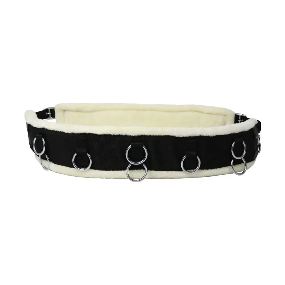 Black and cream fleece-lined hy equestrian lunge roller collar featuring fleece padding to prevent rubbing with silver rings