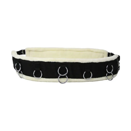 Black and cream fleece-lined hy equestrian lunge roller collar featuring fleece padding to prevent rubbing with silver rings