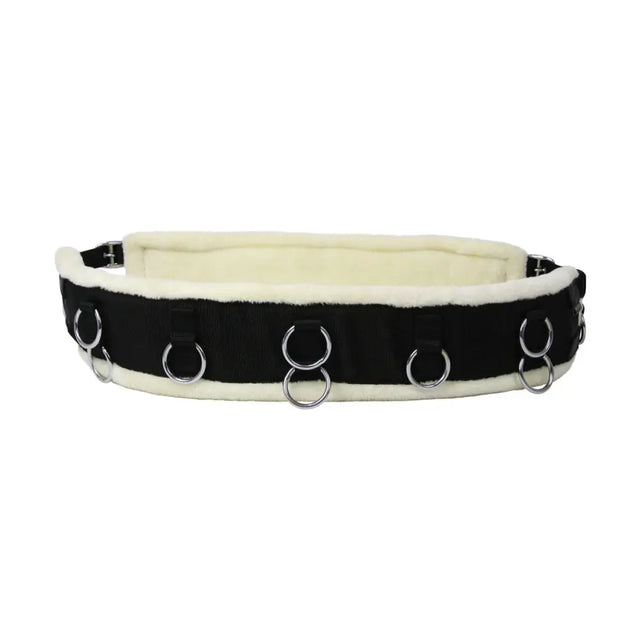 Black and cream fleece-lined hy equestrian lunge roller collar featuring fleece padding to prevent rubbing with silver rings