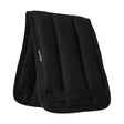 Black padded equestrian lunge roller pad with quilted vertical sections and fabric strap for horse tack use