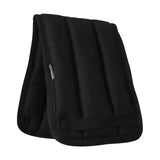 Black padded horse lunge roller pad with quilted vertical sections and fabric strap for equestrian lunge roller use