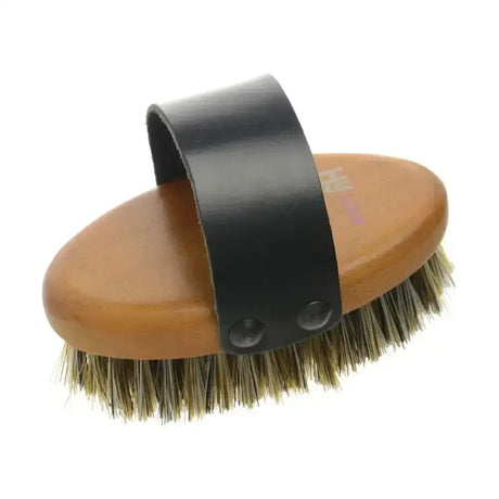 Hy equestrian luxury body brush with tan wooden oval body, black leather strap, and natural bristles for grooming