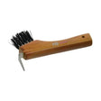 Wooden handled luxury hoof pick with black bristles and metal hook perfect for equestrian hoof care