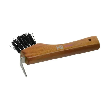 Wooden handled luxury hoof pick with black bristles and metal hook perfect for equestrian hoof care