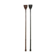 Two leather riding crops in brown and black with textured grip and embossed branding from hy equestrian luxury leather whip collection