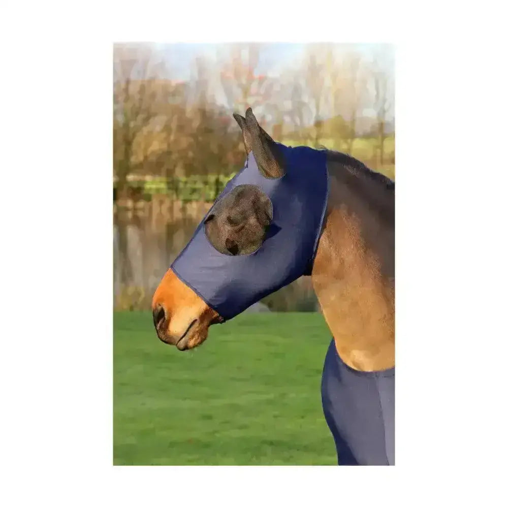 Navy blue hy equestrian lycra flex fly mask with circular eye opening made from breathable stretch material