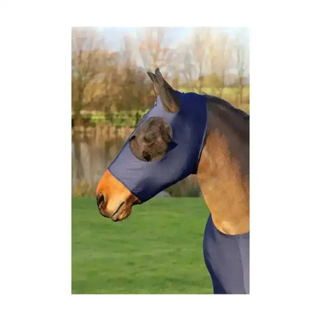 Navy blue hy equestrian lycra flex fly mask with circular eye opening made from breathable stretch material