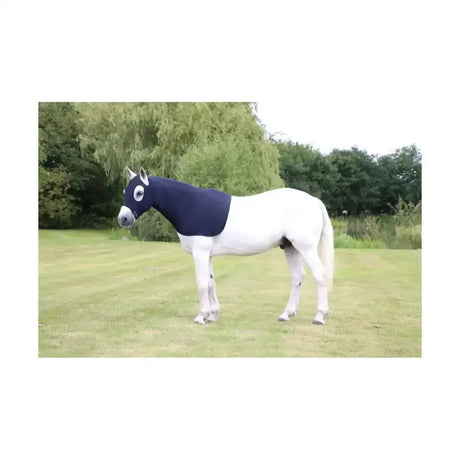 Navy blue hy equestrian lycra flex hood with white eye cutouts made of super stretchy lycra flex material