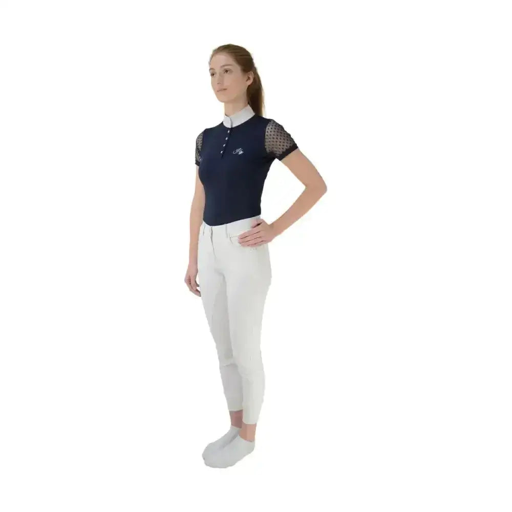 Navy blue hy equestrian lydia lace show shirt with black mesh sleeves and breathable fabric for riders