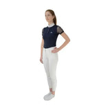 Navy blue hy equestrian lydia lace show shirt with black mesh sleeves and breathable fabric for riders