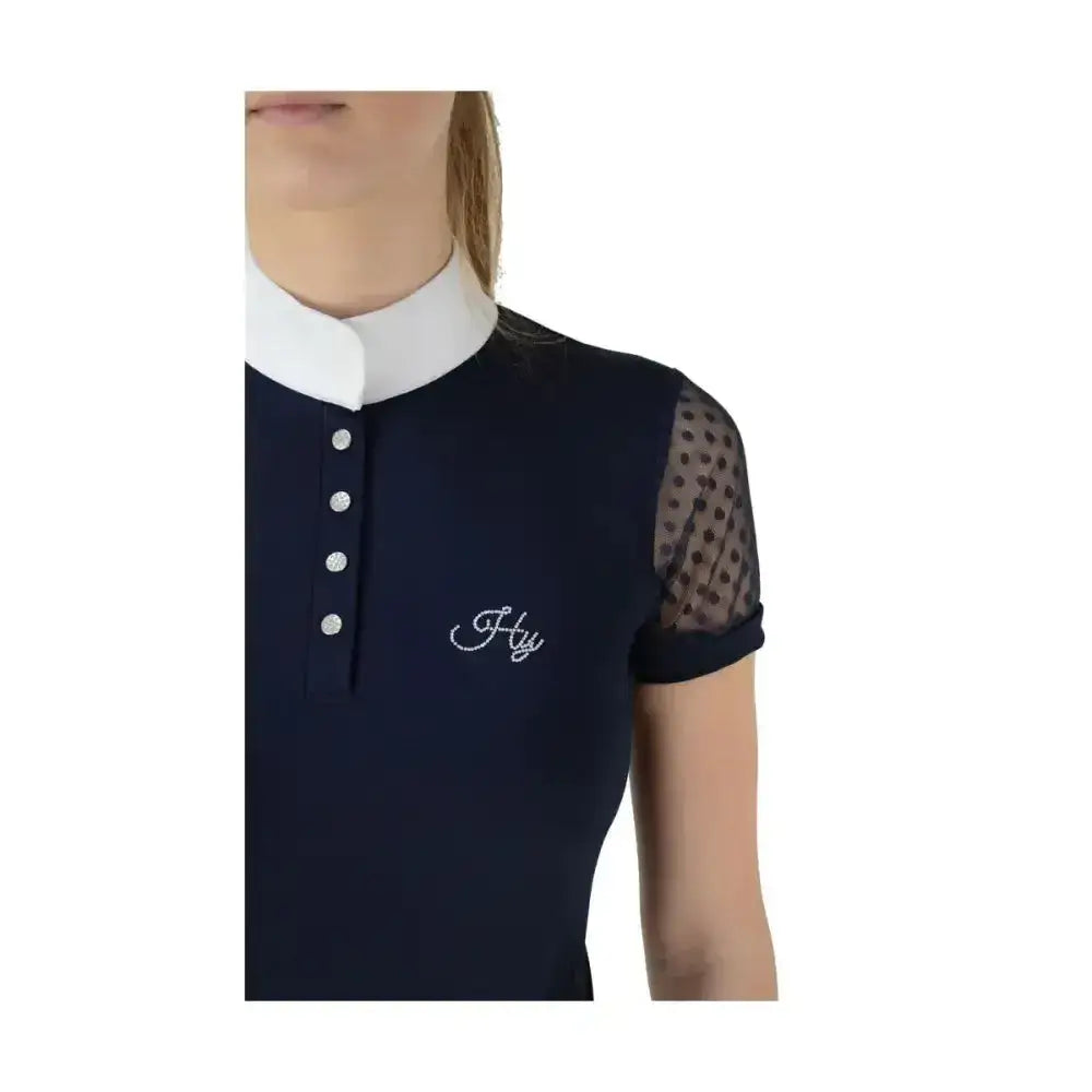 Navy blue hy equestrian lydia lace show shirt with white collar, silver buttons, and breathable sheer polka-dot mesh sleeves